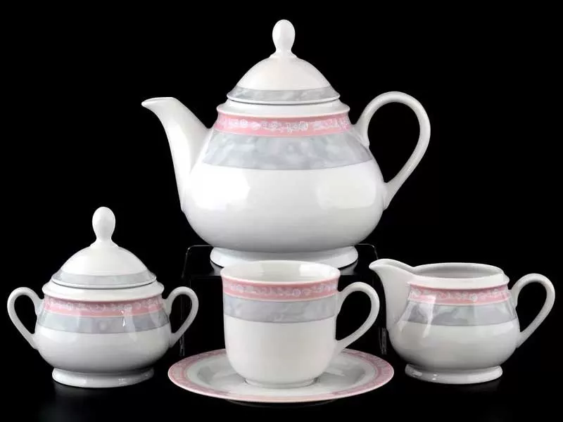 Фото Чайный сервиз на 6 персон 17 предметов Яна Серый мрамор с розовым кантом