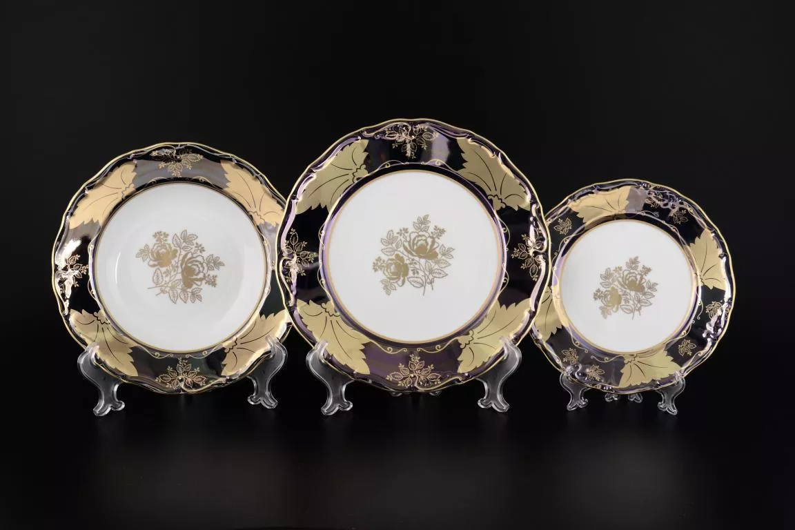 Фото Набор тарелок 18 предметов Мария Луиза Кленовый лист Синний (Ml 780)