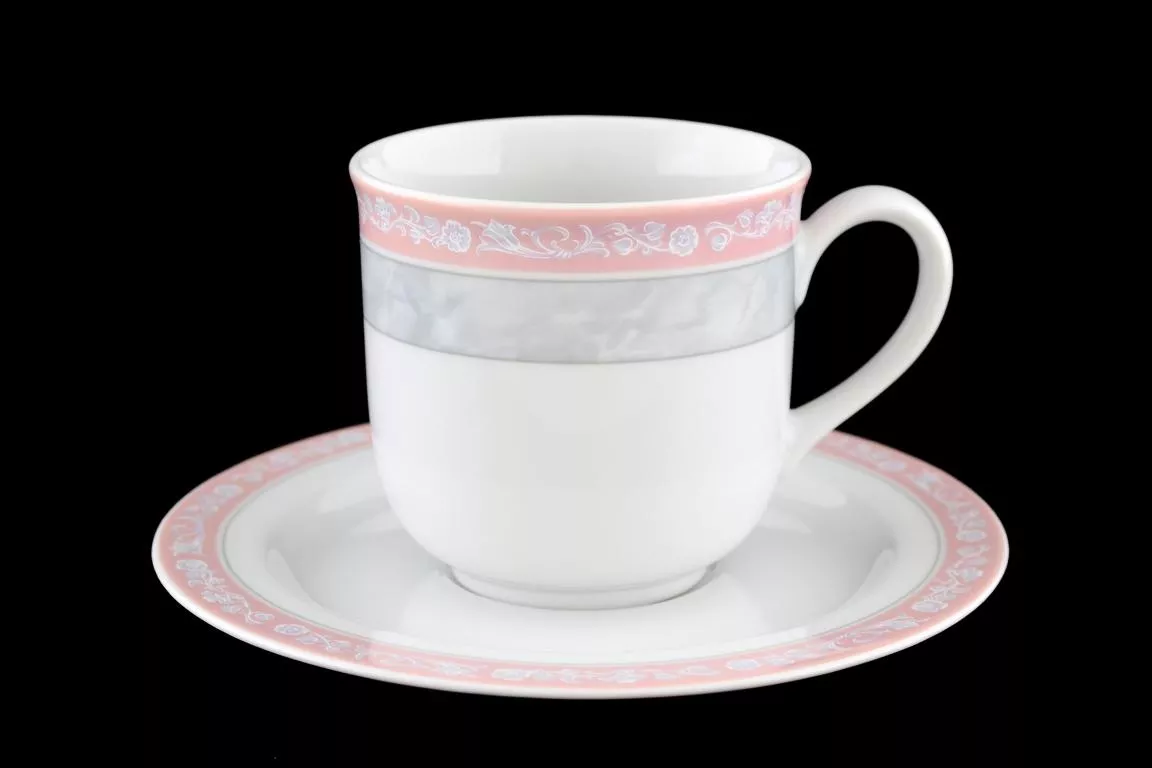 Фото Набор чайных пар 220 мл Яна Серый мрамор с розовым кантом (6 пар)