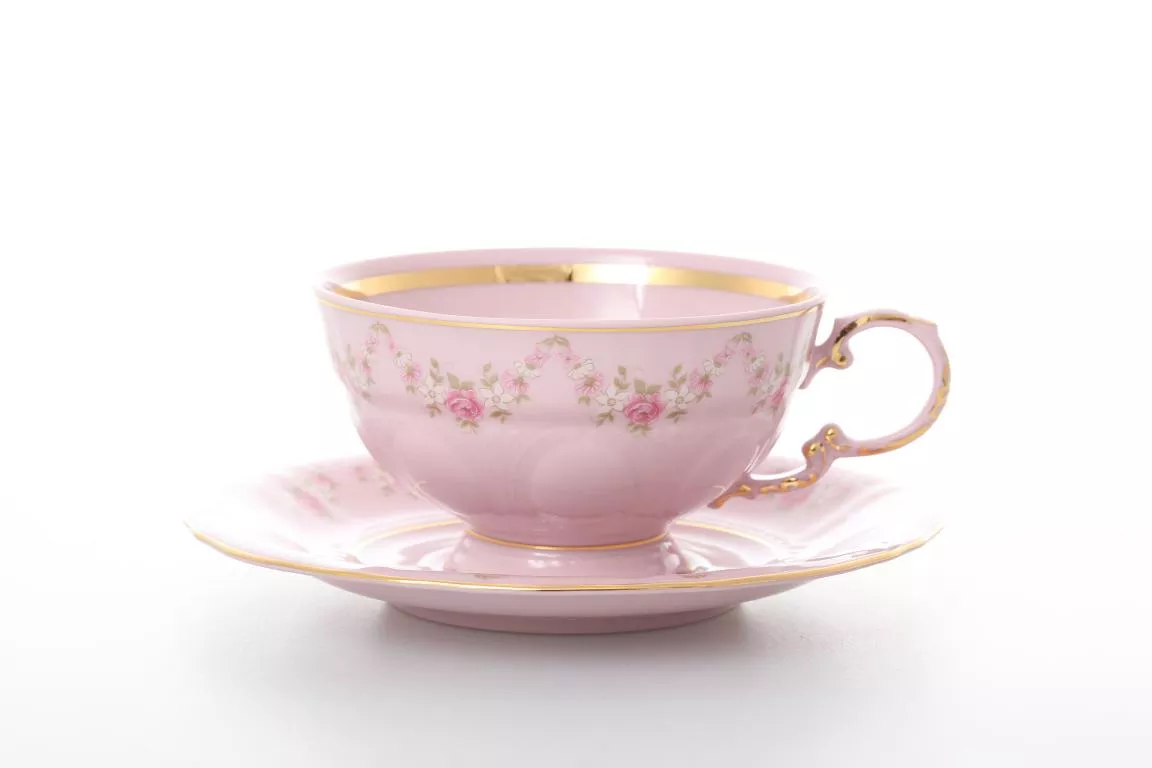 Фото Набор чайных пар 200 мл Соната Мелкие цветы Розовый фарфор (6 пар)