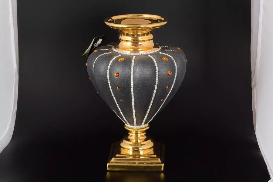 Фото Ваза Ceramiche Stella Сирийский антрацит с золотом с кристаллами Сваровски d-24, h-40см