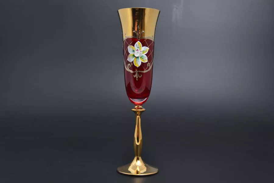 Фото Набор фужеров для шампанского 180 мл Лепка красная U-R золотая ножка (6 шт)