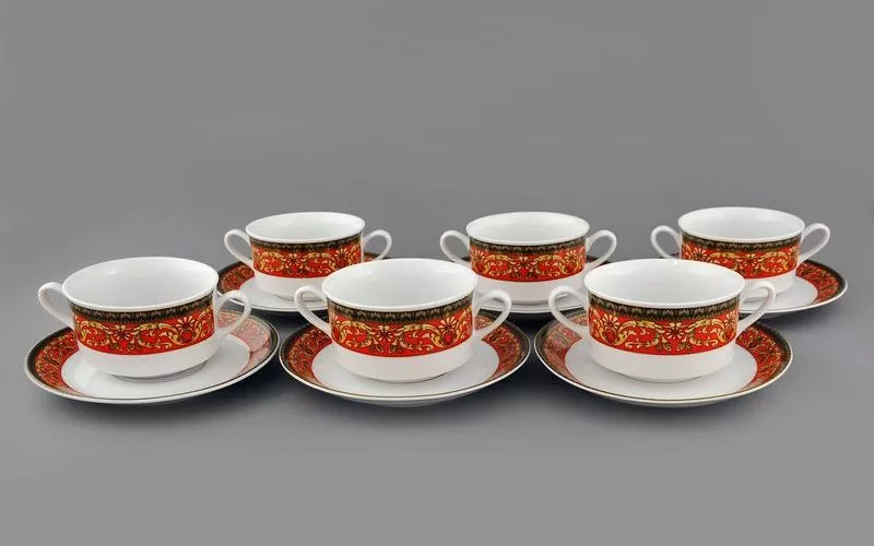 Фото Набор чашек для супа с блюдц. 6шт 0,30л Версаче Красная лента